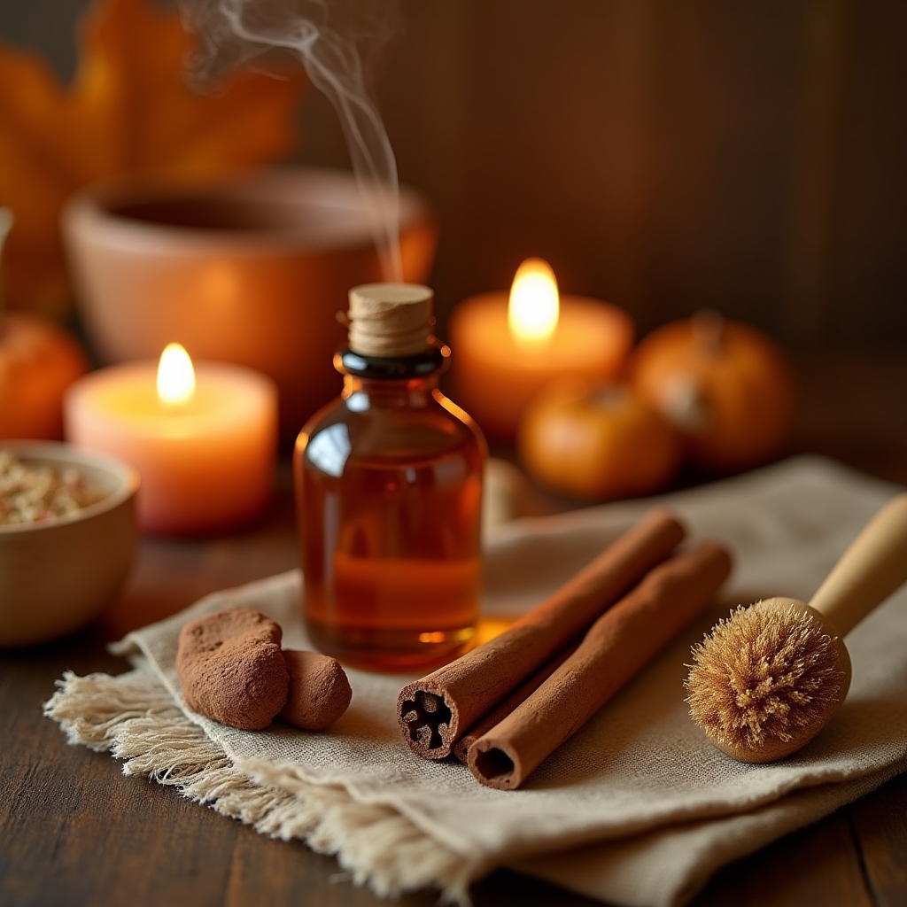 Herbstkollektion mit Zimt, Harzkerze und Massageöl auf Leinentuch
