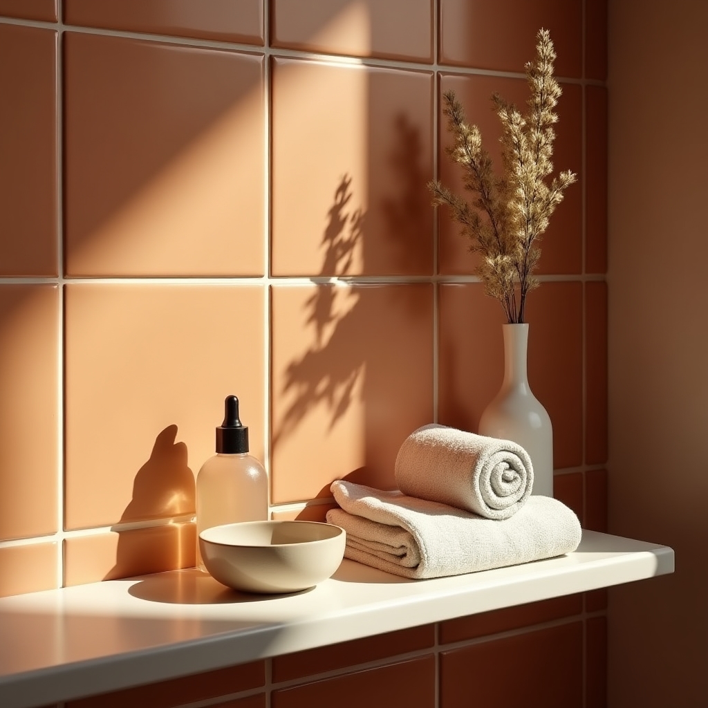Ordentlich gestaltetes Badezimmerregal mit reduzierter Naturkosmetik-Auswahl