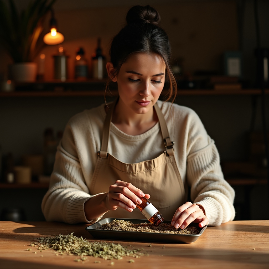 Person sortiert Naturkosmetik-Zutaten auf einem Holztisch für die monatliche Kollektion