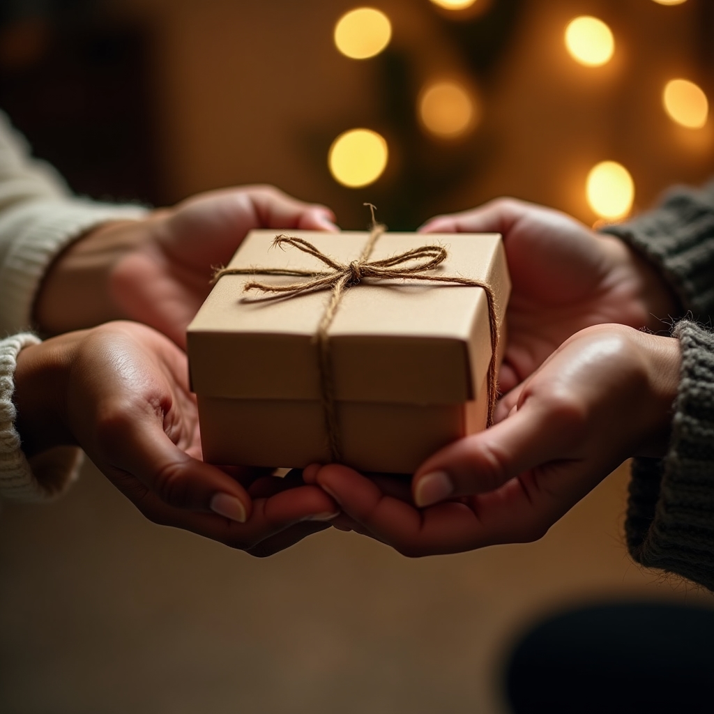 Hände überreichen eine Naturkosmetik-Geschenkbox mit Seidenband