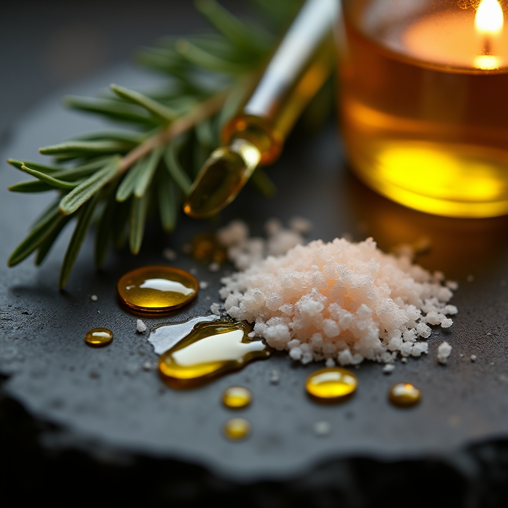 Nahaufnahme weniger Naturkosmetik-Zutaten wie Öl, Salz und getrocknete Kräuter