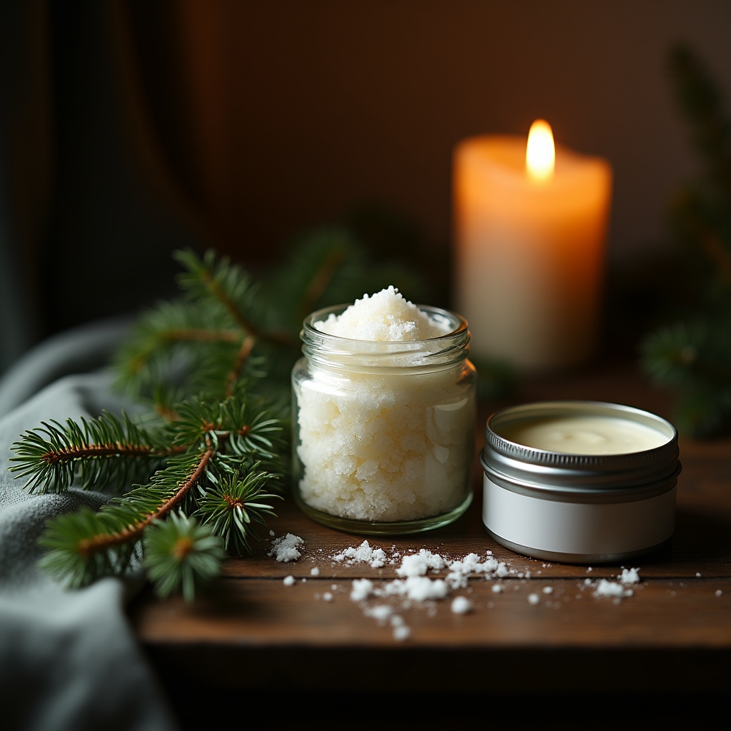 Winterkollektion mit Tannenzweig, Badesalz und Handcreme